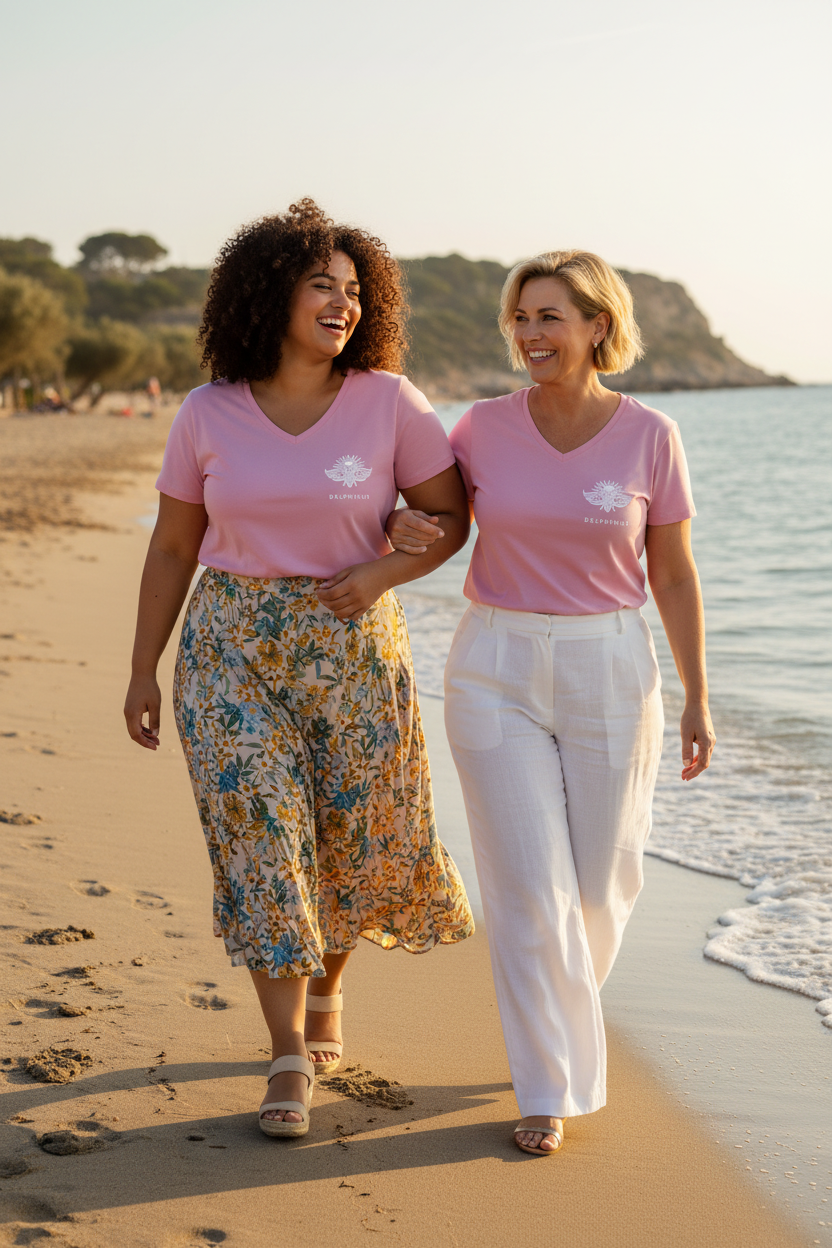 LE POÉTIQUE CURVE – T-shirt col V femme rose orchidée logo blanc, duo de femmes curve complices sur la plage, ambiance estivale, DELPHINUS