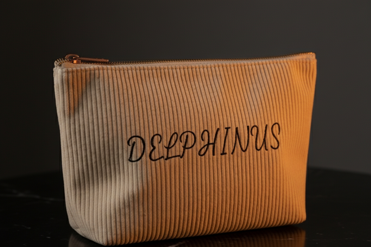 Gros plan texture côtelée beige de la trousse Le Nocturne DELPHINUS, broderie script noire Delphinus, détail matière premium, éclairage doré dramatique fond sombre