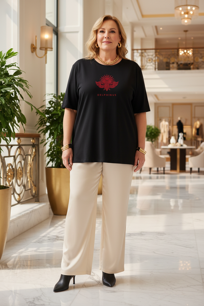 LA SINGULIÈRE – T-shirt unisexe noir logo cigale bordeaux centré, femme mature curve élégante, lobby hôtel luxe touches dorées, DELPHINUS