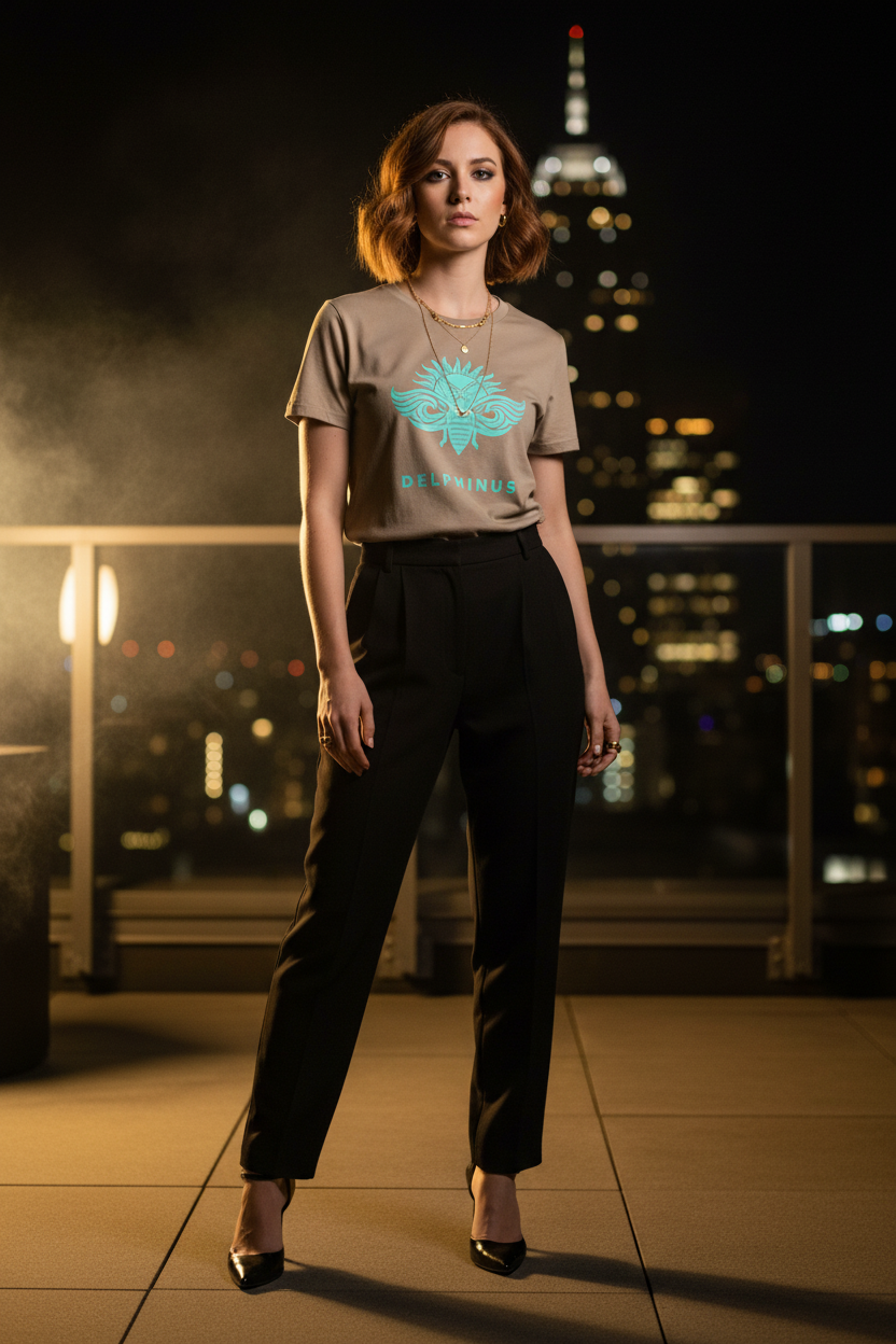 T-shirt L'Évasion DELPHINUS — Femme 25 ans, appartement parisien, Brown et logo Bleu Turquoise