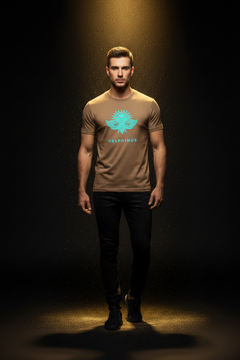 T-shirt L'Évasion DELPHINUS — Homme 28 ans, studio doré, Brown et logo Bleu Turquoise