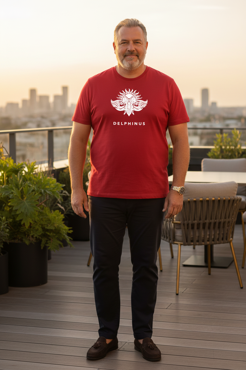 L'ABSOLU – T-shirt unisexe rouge logo cigale blanc centré, homme mature curve distingué, terrasse rooftop luxe, DELPHINUS