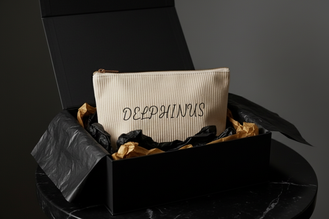 Trousse Le Nocturne DELPHINUS présentée dans un coffret cadeau noir et or, papier de soie doré, idée cadeau homme premium DELPHINUS, édition limitée