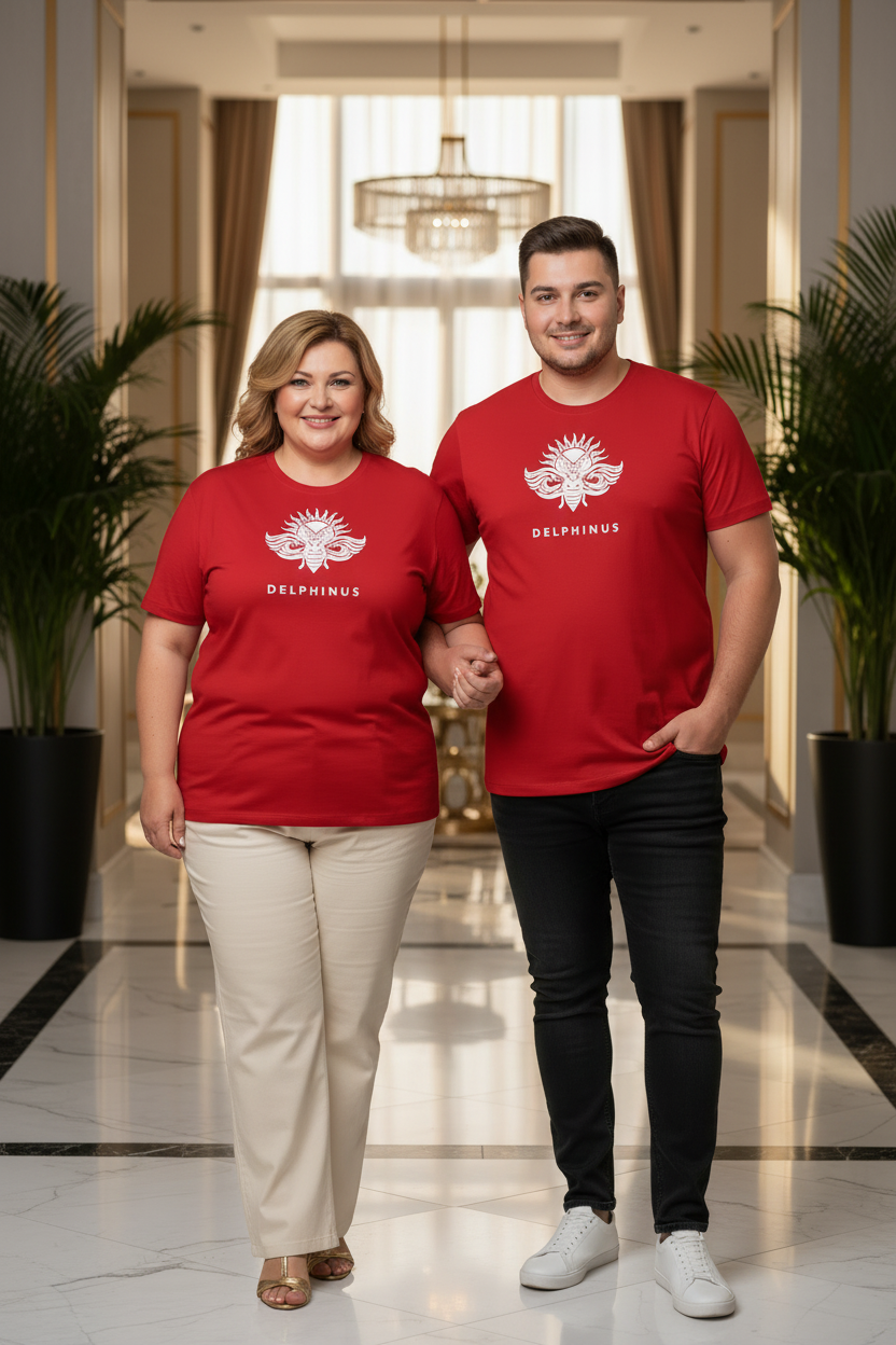 L'ABSOLU – T-shirt unisexe rouge logo cigale blanc centré, couple curve complice et élégant, lobby hôtel luxe, DELPHINUS