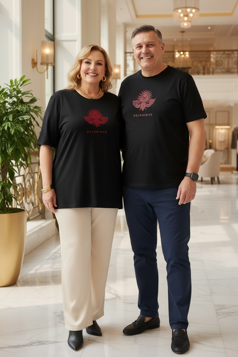 LA SINGULIÈRE – T-shirt unisexe noir logo cigale bordeaux centré, couple curve complice et élégant, ambiance boutique luxe, DELPHINUS