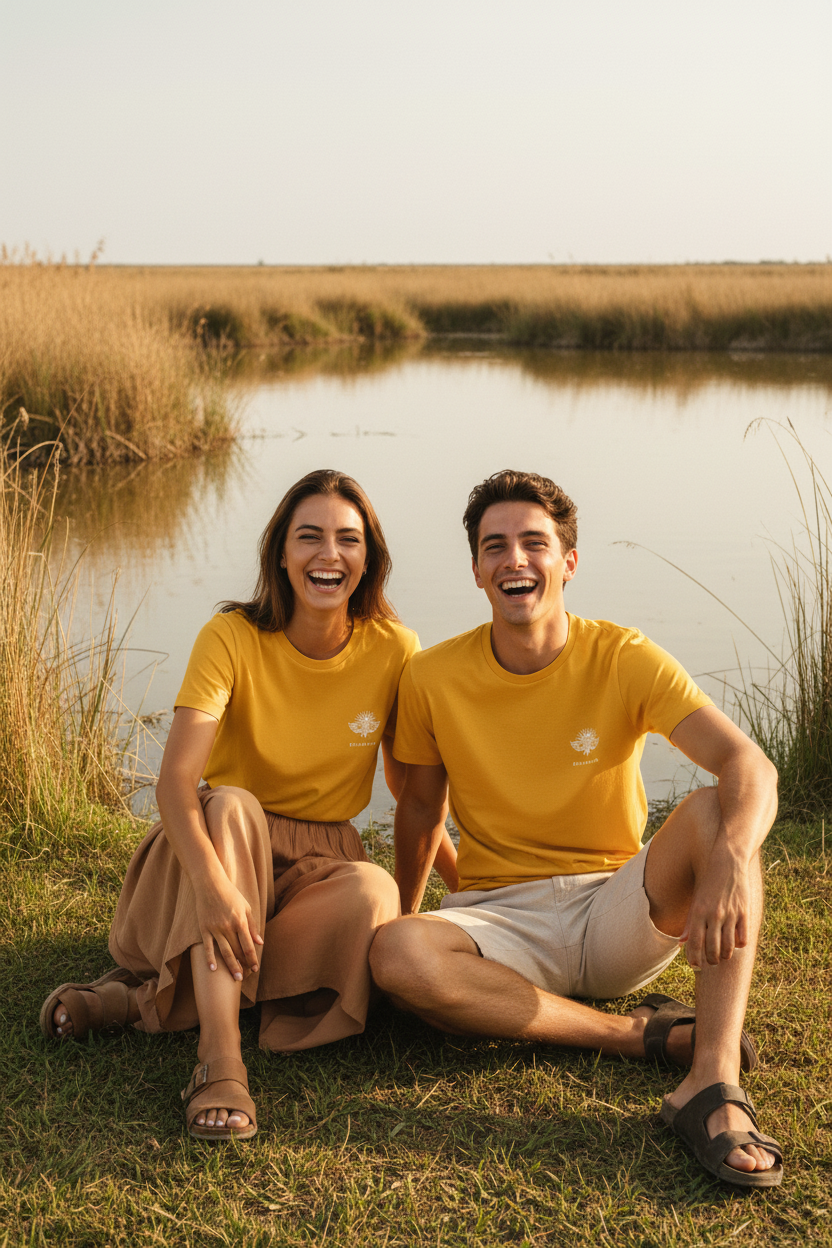 LE JUILLETISTE Sun Yellow – T-shirt unisexe jaune doré logo cigale blanc, jeune couple complice assis au bord de l'étang de Camargue, lumière estivale dorée, DELPHINUS