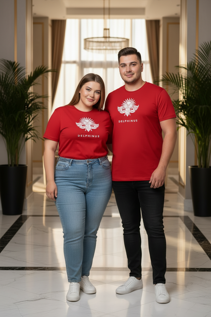 L'ABSOLU – T-shirt unisexe rouge logo cigale blanc centré, jeune couple curve moderne et complice, ambiance luxe premium, DELPHINUS