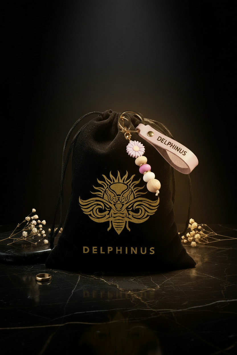 Pochon cadeau DELPHINUS avec porte-clé lavande au premier plan — idée cadeau premium noir et or