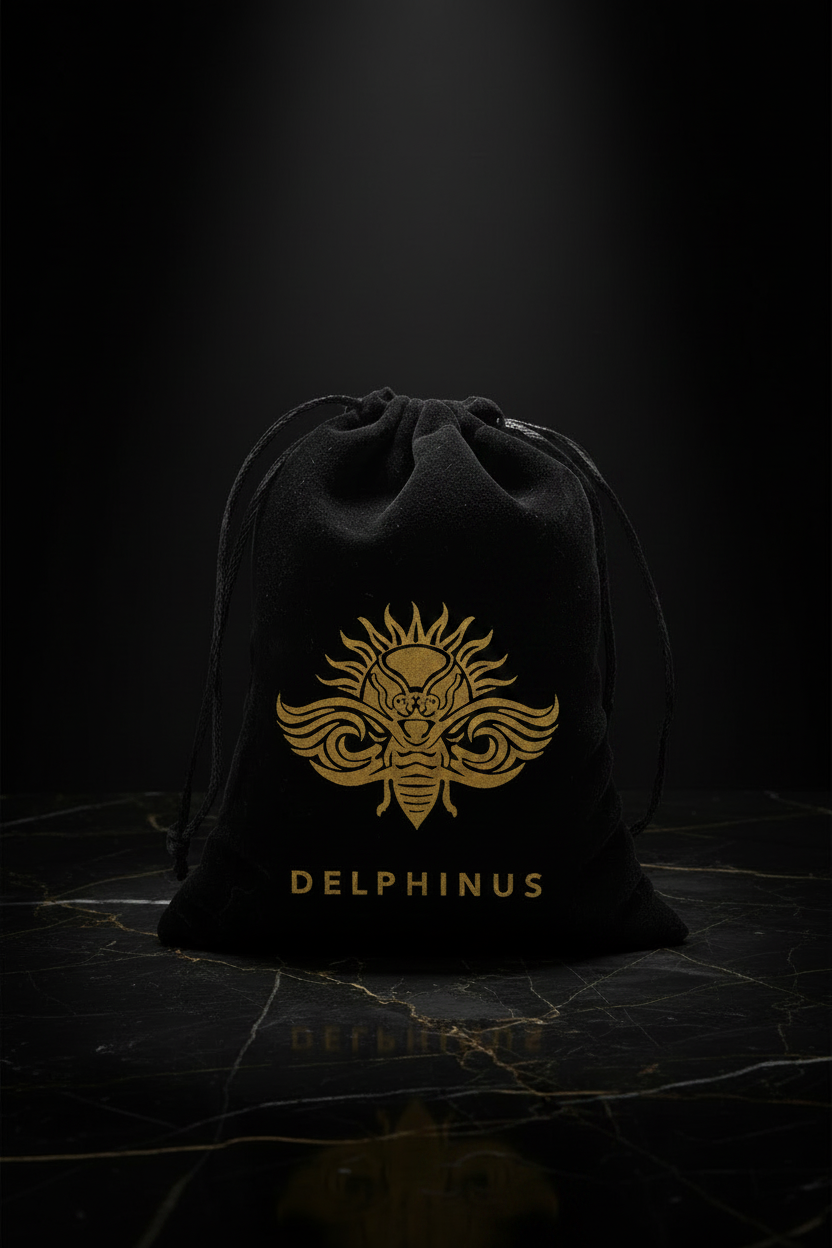 Pochon cadeau DELPHINUS — pochon velours noir logo or, présentation seul sur marbre noir, ambiance luxe