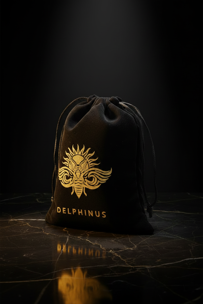 Pochon cadeau DELPHINUS — vue trois-quarts, velours noir logo or en relief, lumière dorée dramatique