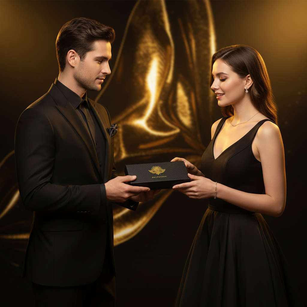 Homme élégant offrant l'Écrin Cadeau DELPHINUS à une femme — coffret bijou de sac noir mat logo or cigale, cadeau premium DELPHINUS ambiance luxe
