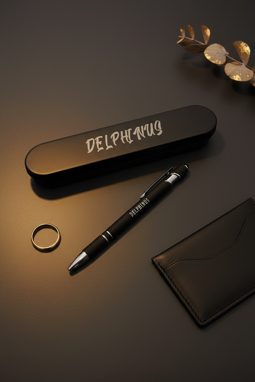 L'Auteur — Stylo bille DELPHINUS noir mat et or, mise en scène éditoriale premium