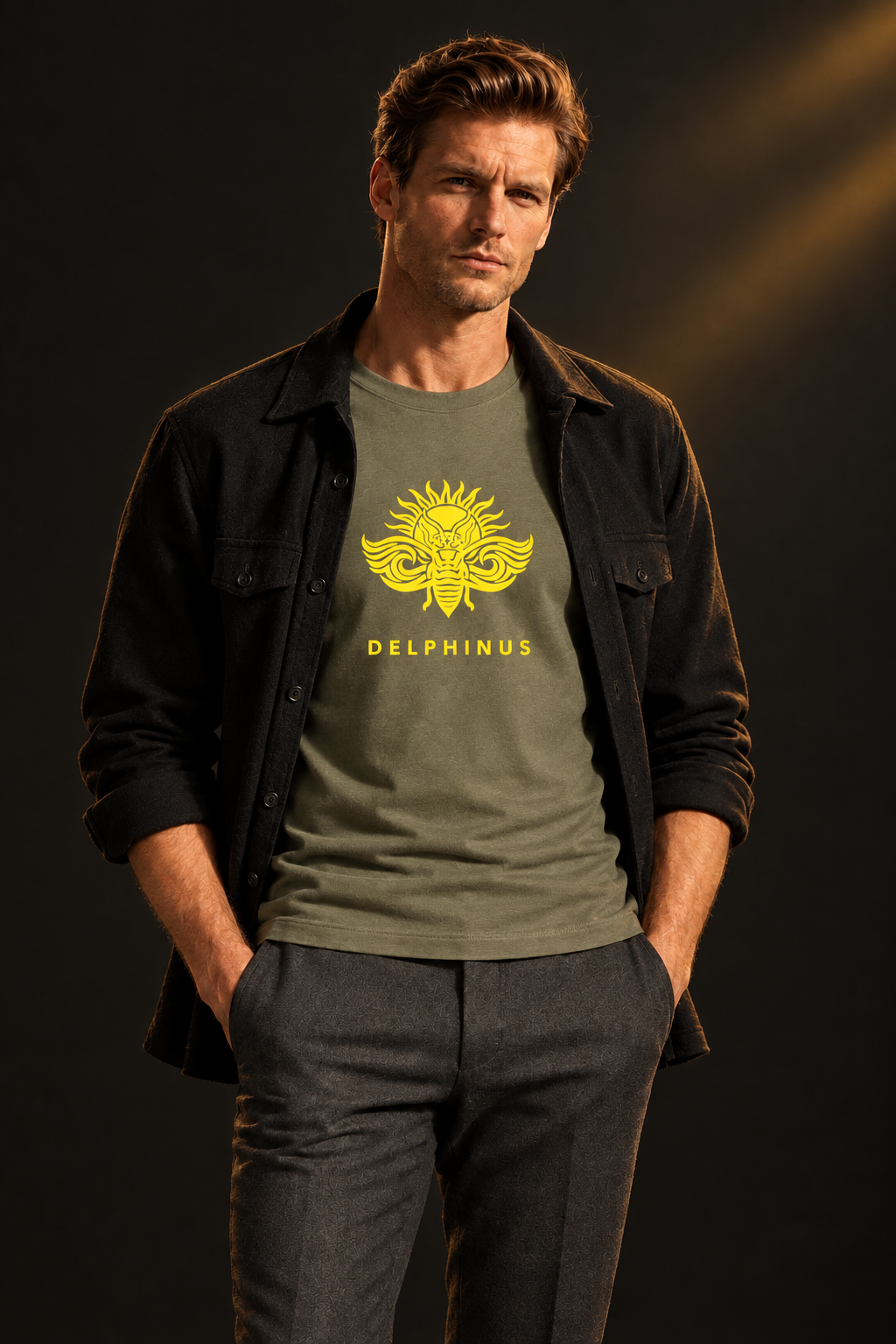 LE REBELLE – homme portant le tee-shirt unisexe kaki au logo jaune avec une surchemise noire, look automnal premium, DELPHINUS