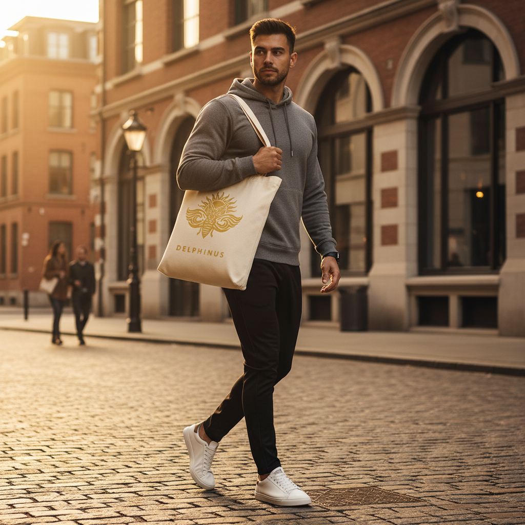 Homme sportif urbain Le Bohème DELPHINUS — à l'épaule d'un homme en mouvement, entre sport et élégance urbaine. La toile naturelle et le logo doré s'imposent dans la ville.