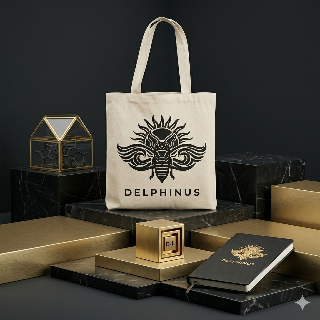 Tote bag L'AUTHENTIQUE DELPHINUS — coloris naturel, logo cigale noir — présentation éditoriale fond noir