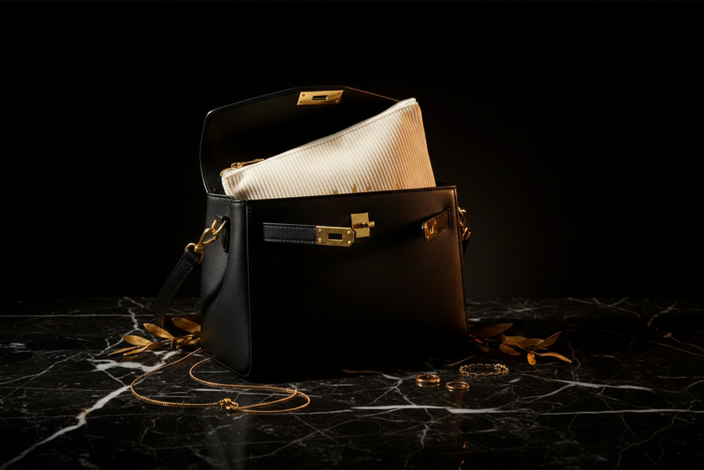 Trousse L'Aurore DELPHINUS glissée dans un sac à main en cuir noir élégant, surface marbre noir, lumière ambrée dorée, accessoire du quotidien chic