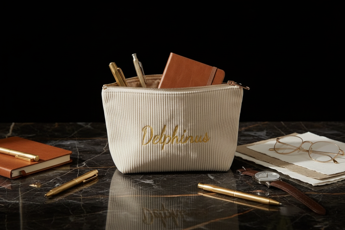 Trousse côtelée ivoire L'Aurore DELPHINUS entourée de branches dorées et chaînes fines sur surface noire réfléchissante, mise en scène lifestyle luxe