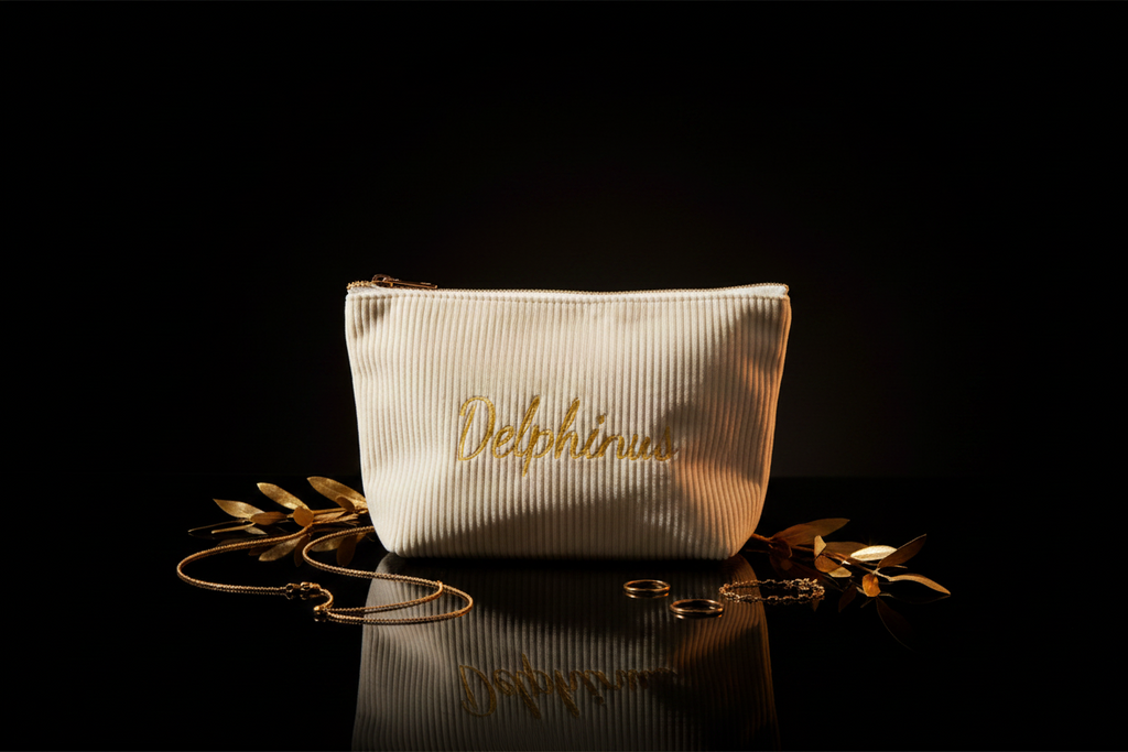 Trousse côtelée ivoire L'Aurore DELPHINUS sur surface noire réfléchissante, broderie Delphinus en fil d'or, fermeture éclair dorée, éclairage dramatique fond noir