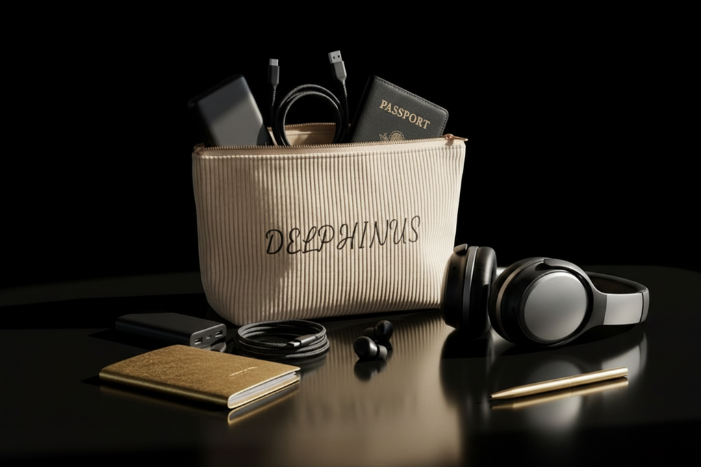 Trousse Le Nocturne DELPHINUS ouverte et remplie d'accessoires voyage – passeport, câbles, disque dur et casque audio, fond noir, compagnon de voyage homme premium