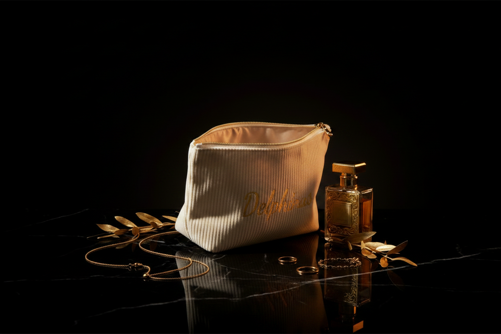 Trousse L'Aurore DELPHINUS ouverte sur coiffeuse noire, intérieur satiné révélé, bijoux dorés et flacon de parfum en arrière-plan, ambiance boudoir luxe