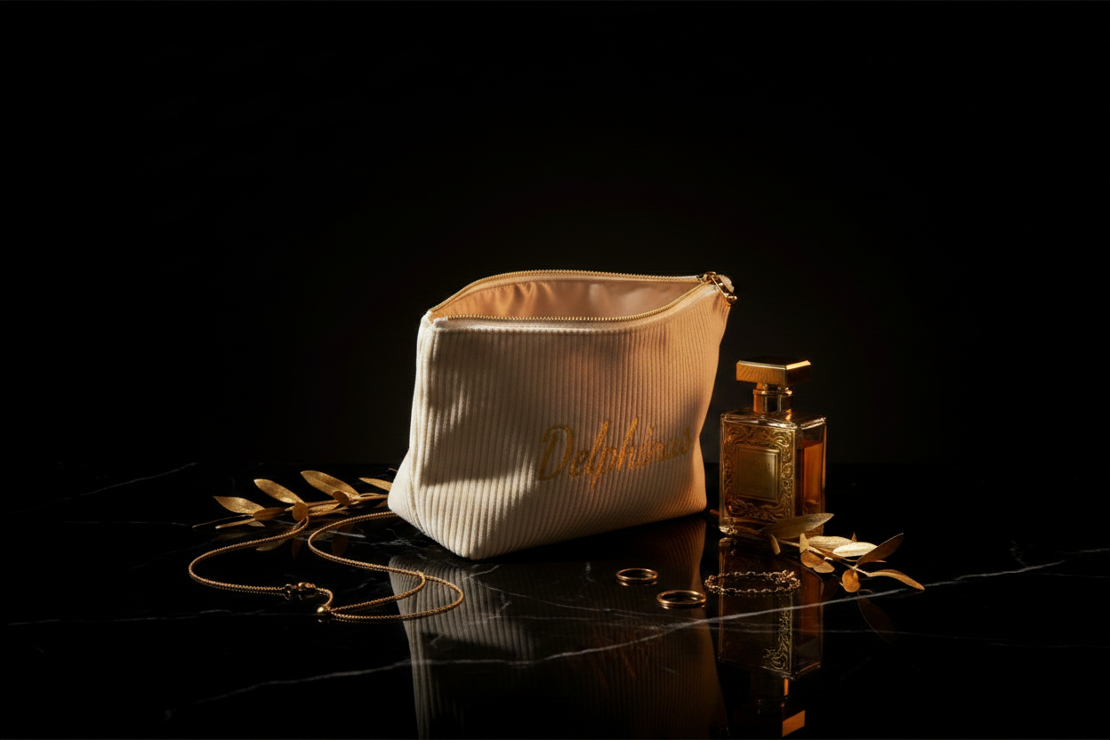 Trousse L'Aurore DELPHINUS ouverte sur coiffeuse noire, intérieur satiné révélé, bijoux dorés et flacon de parfum en arrière-plan, ambiance boudoir luxe