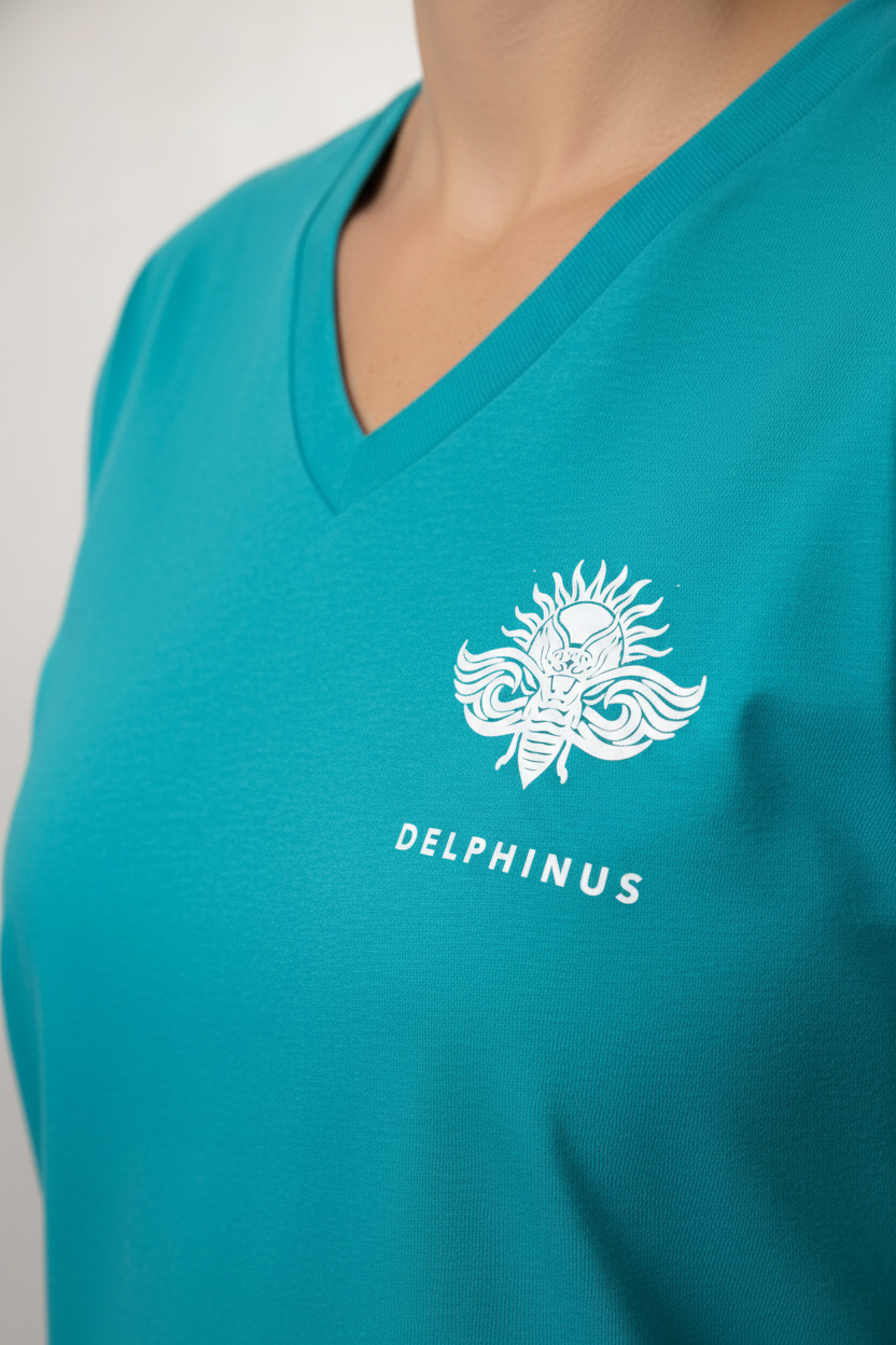 LE LAGON – Gros plan logo DELPHINUS blanc sur t-shirt col V turquoise, impression qualité premium poitrine gauche, DELPHINUS